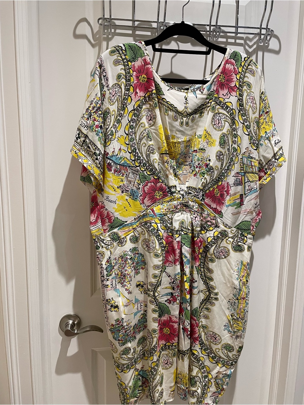 Floral and Travel Print Dress - White, Pink & Yellow